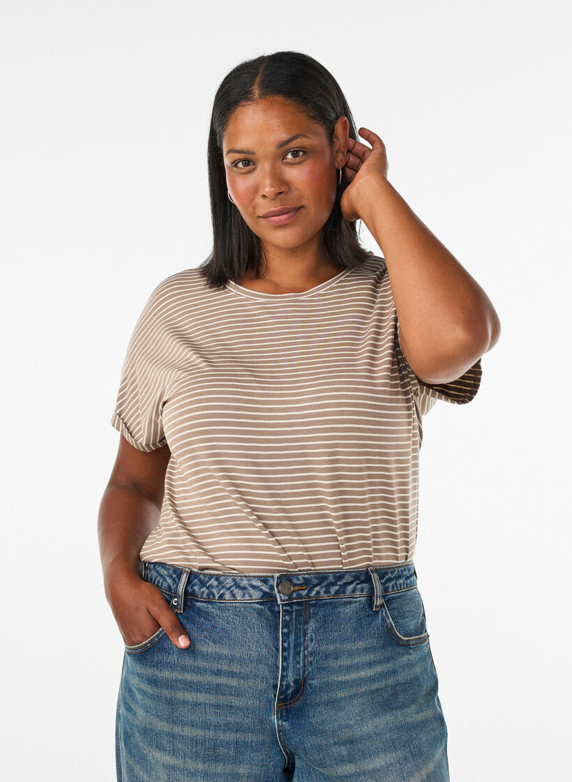 Stripete T-skjorte i viskose med rund hals, Beige, Model image number 0