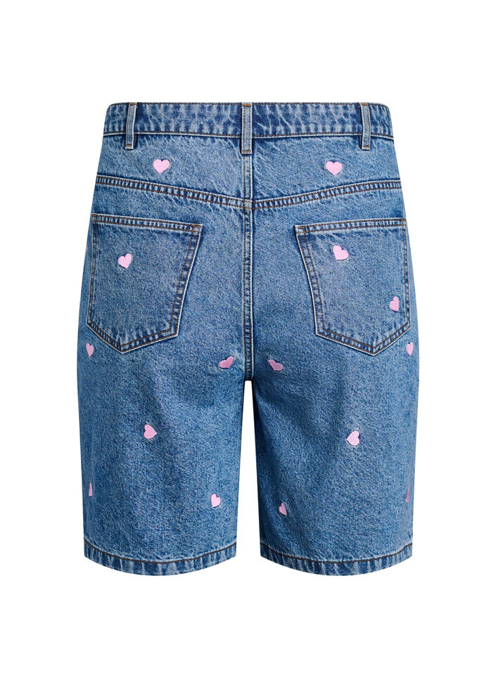 Dongerishorts med høy midje, med broderte hjerter, Light B. Pink Heart, Packshot
