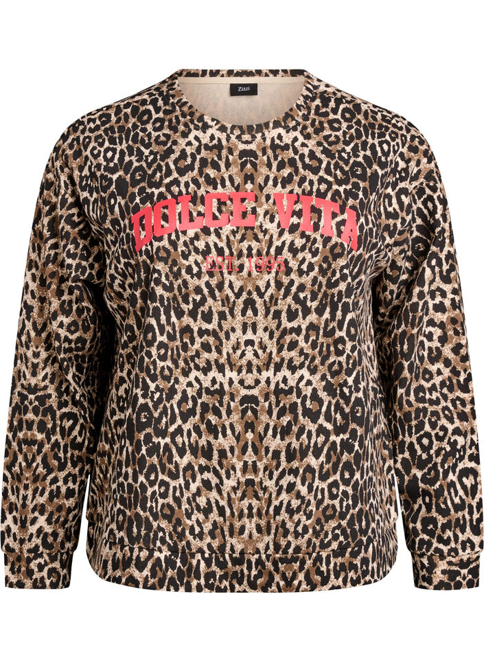 Genser med leopardmønster og statement-trykk, Brun, Packshot image number 0