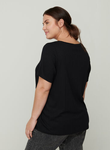 Ensfarget T-skjorte med ribbet struktur og korte ermer, Black, Model image number 1