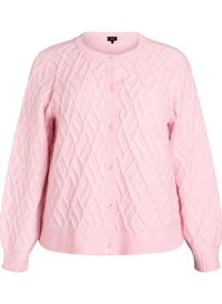 Kabelstrikket cardigan med perleknapper, Rosa Kabelstrikket cardigan med perleknapper