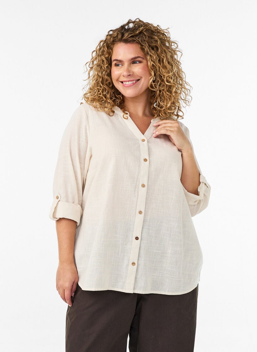 Bomullsbluse med V-hals, Vanilje, Model image number 0