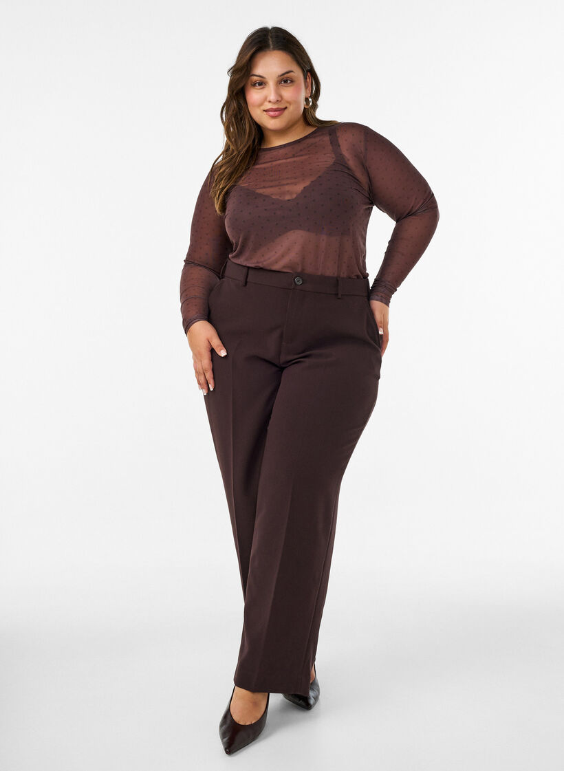 Mesh bluse med trykk, Brun, Model image number 1