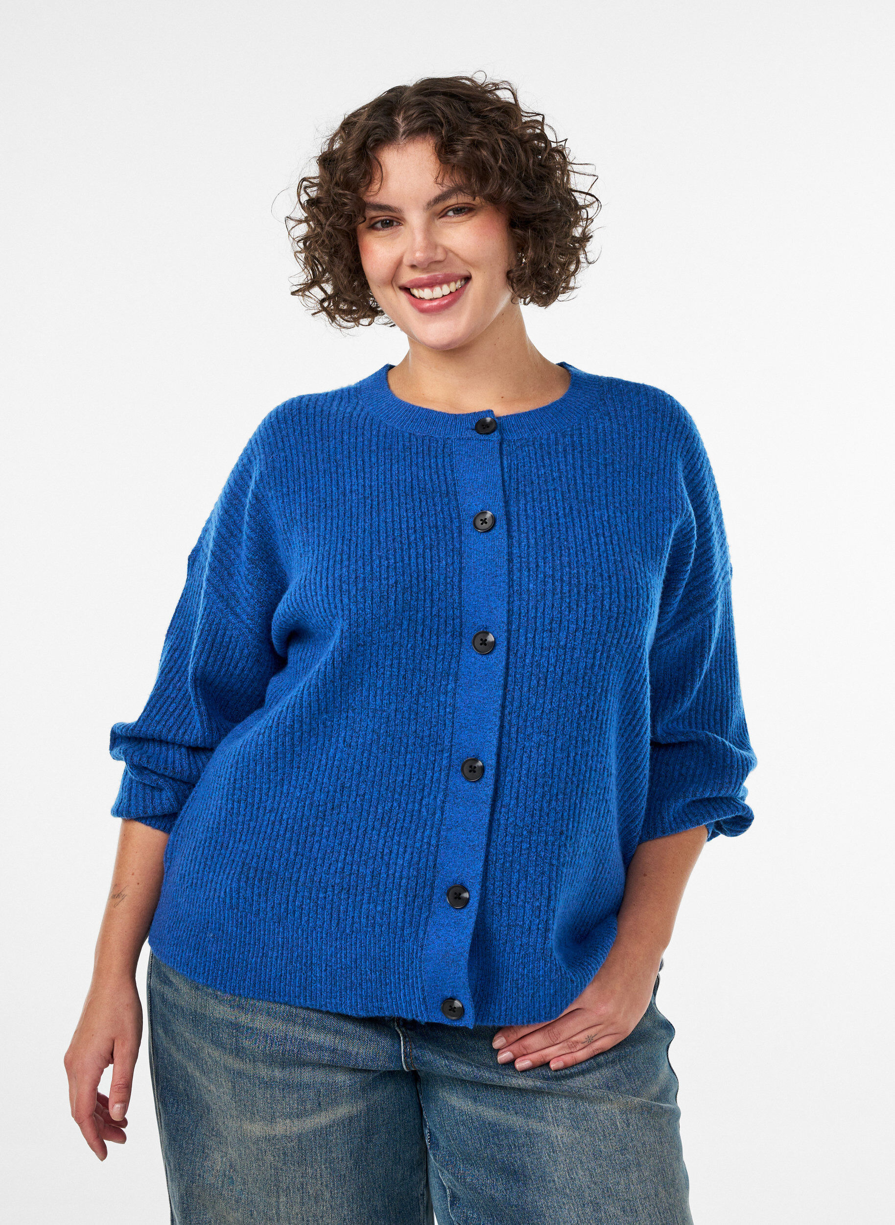 Ribbestrikket cardigan med knapper, Bl&aring;, Model