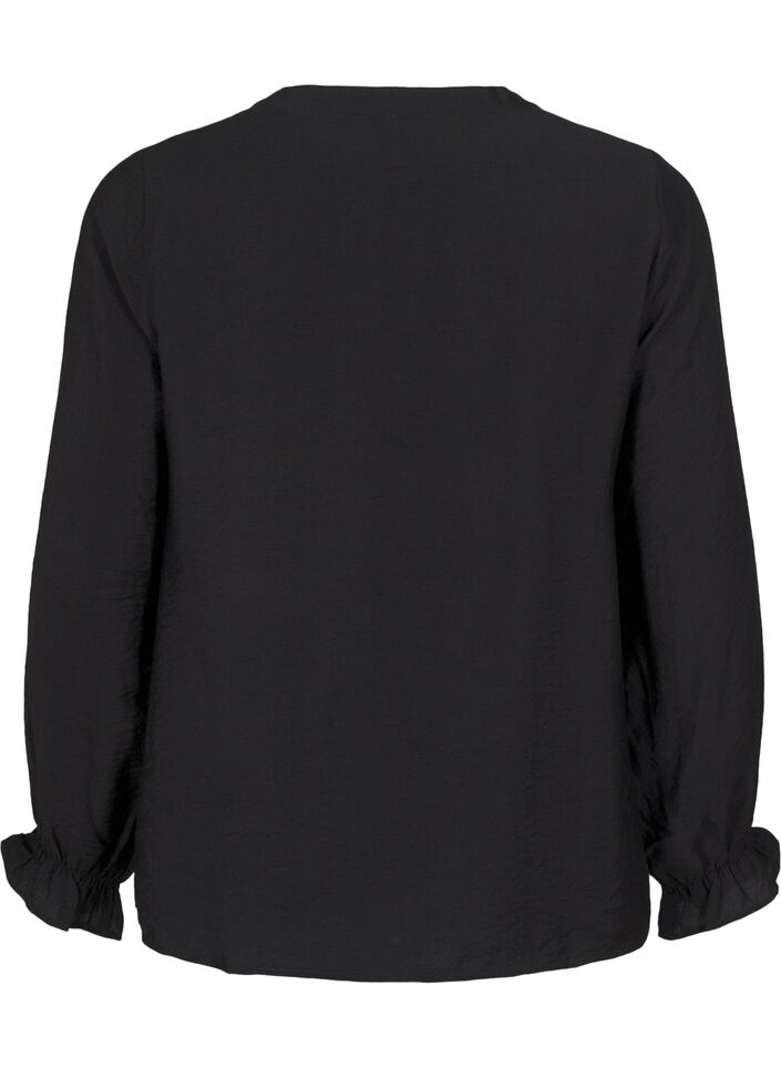 Langermet bluse med V-hals, Black, Packshot image number 1