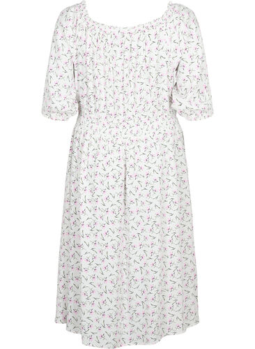 Blomstrete off-shoulder midi kjole i viskose, White Purple Flower, Packshot image number 1