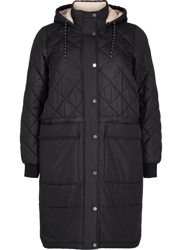 Quiltet jakke med hette og justerbar midje, Black, Packshot image number 0