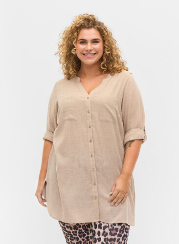 Lang skjorte med 3/4-ermer og V-hals, Simply Taupe, Model image number 0
