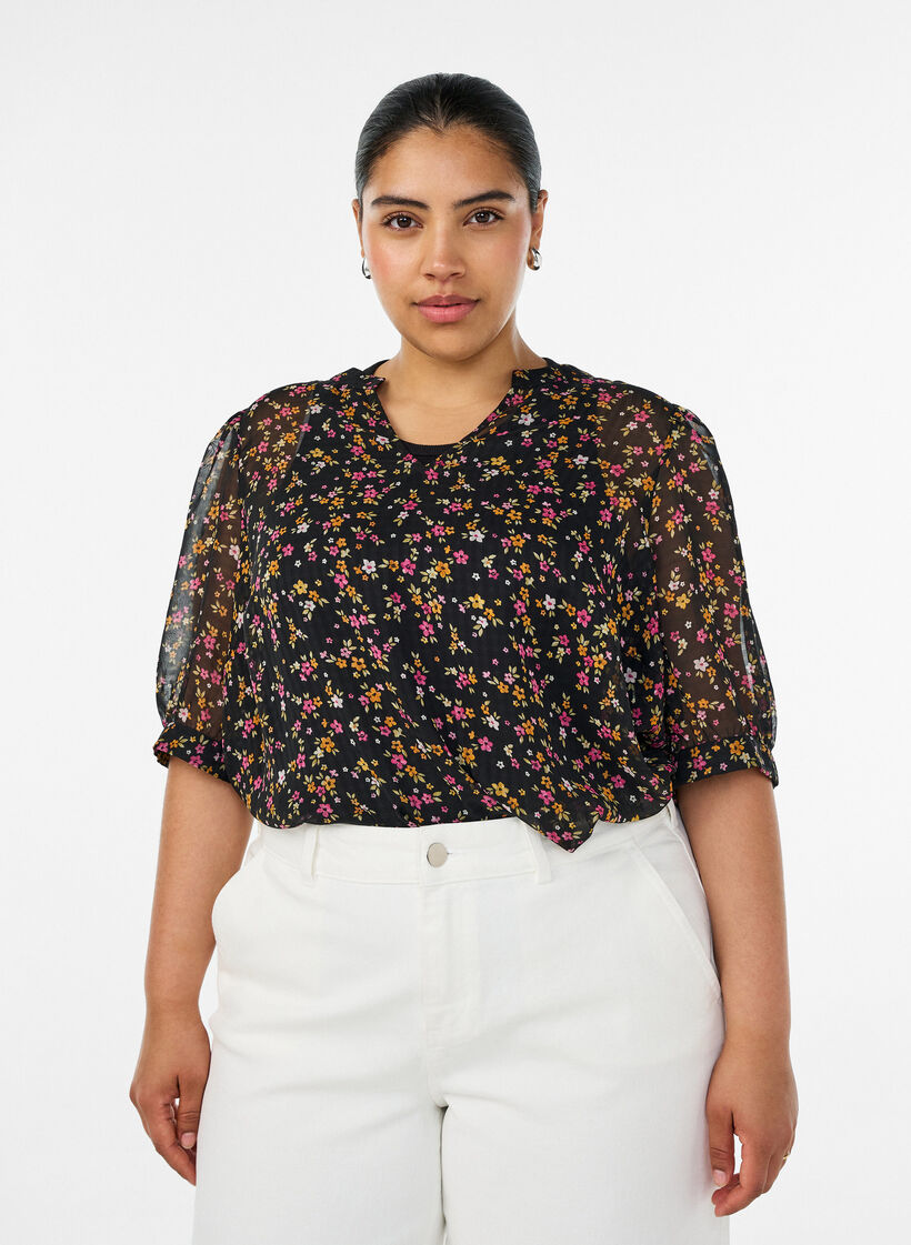 Bluse med blomstertrykk og V-hals, Svart, Model image number 0