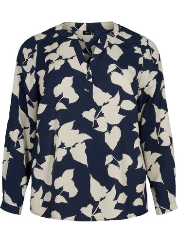 FLASH - Langermet bluse med mønster, Blue White Flower, Packshot image number 0