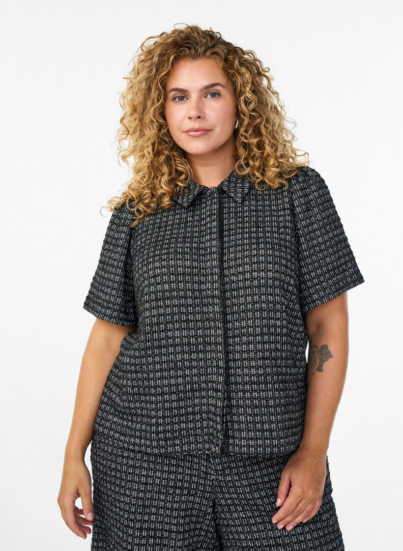 Bouclé skjorte bluse med korte ermer, Svart, Model image number 0