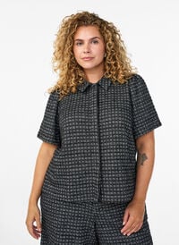 Bouclé skjorte bluse med korte ermer, Svart Bouclé skjorte bluse med korte ermer, Svart, Model