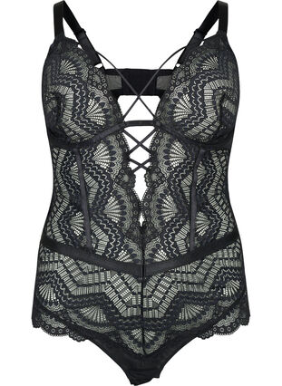 Bodystocking med blonder og snorer, Black, Packshot image number 0