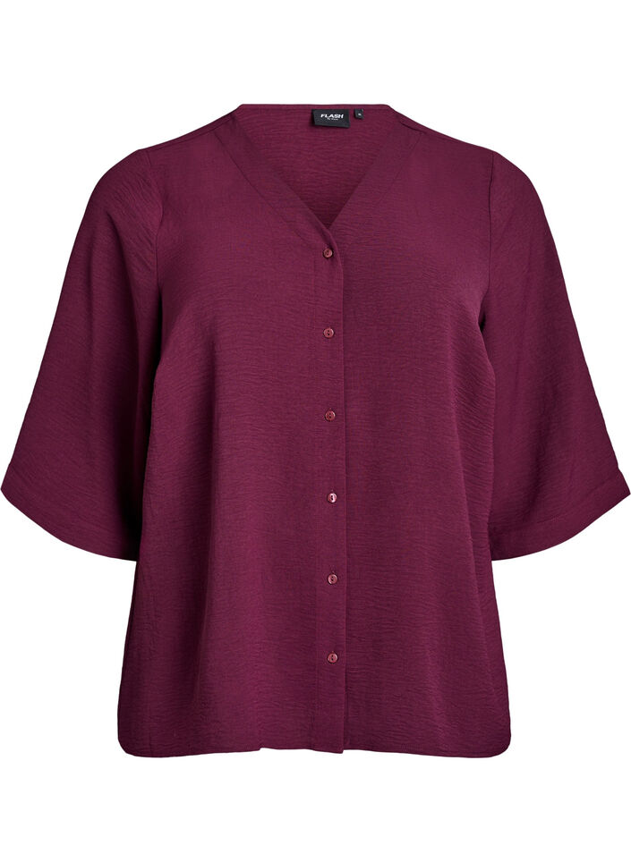 Skjortebluse med v-hals og 3/4 ermer, R&oslash;d, Packshot image number 0