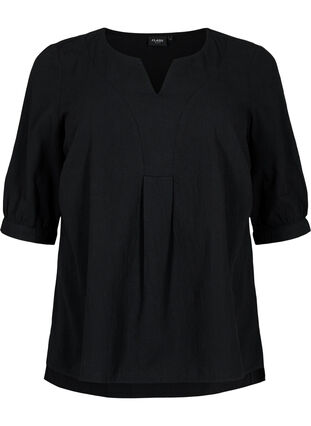 FLASH - Bluse i bomull med halvlange ermer, Black, Packshot image number 0