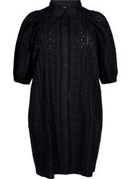 Skjortekjole i bomull med broderi anglaise, Black