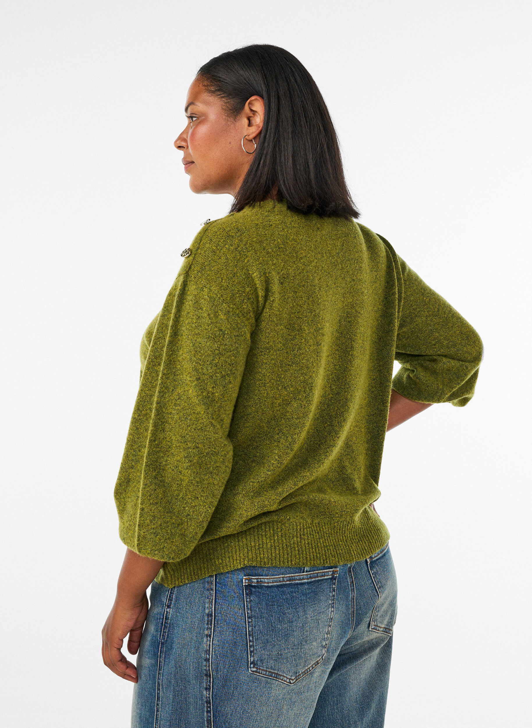 ZizziStrikket bluse med knappdetalj, Gr&oslash;nn, Model image number 2