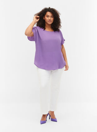 Bluse med korte ermer og rund hals, Deep Lavender, Model image number 2