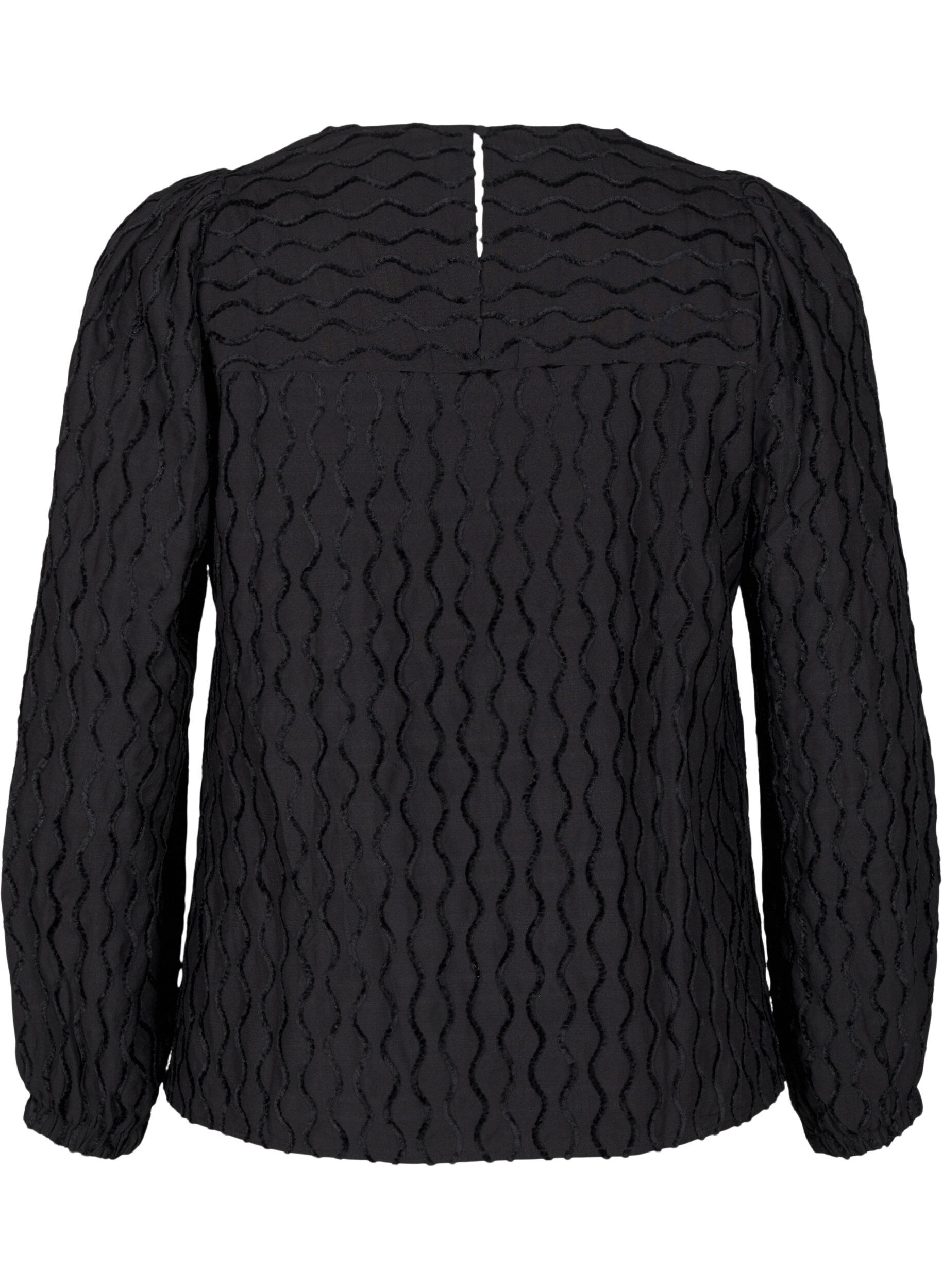 Zizzi Langermet m&oslash;nstret bluse med V-hals, Black, Packshot image number 1