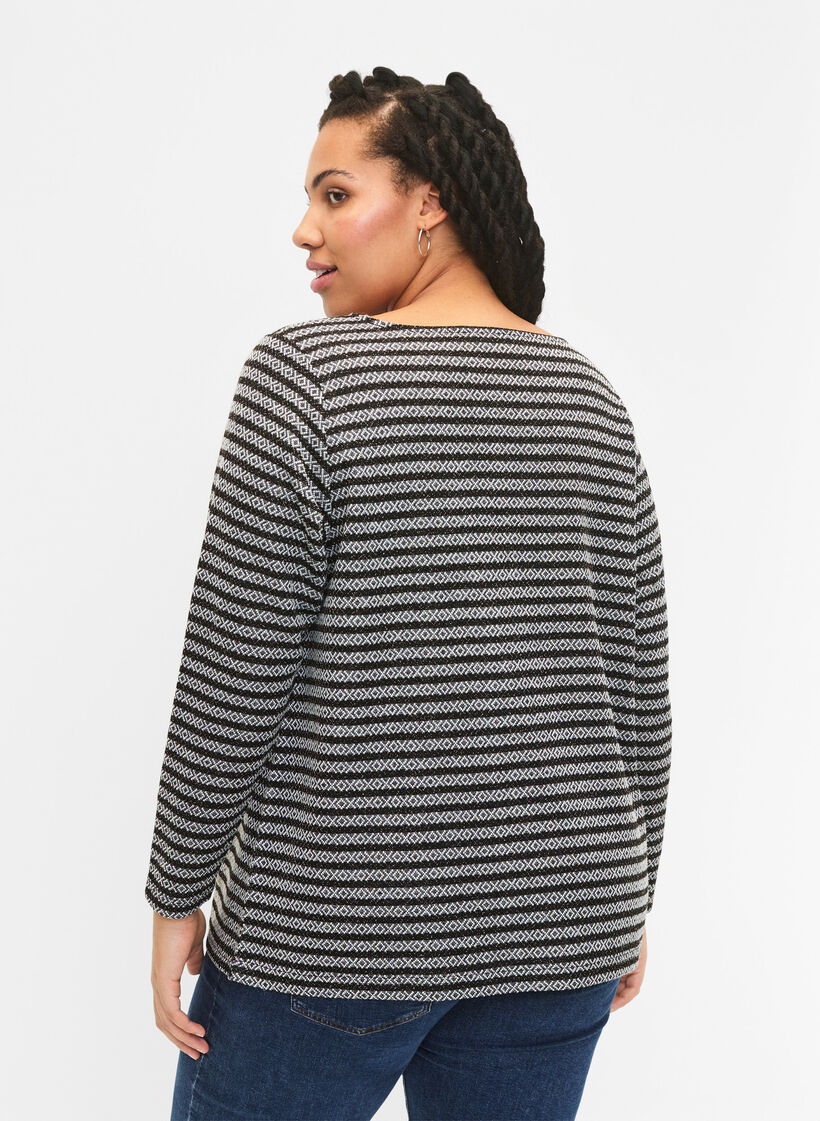Bluse med rund hals og stripete mønster, Black Stripe, Model image number 1