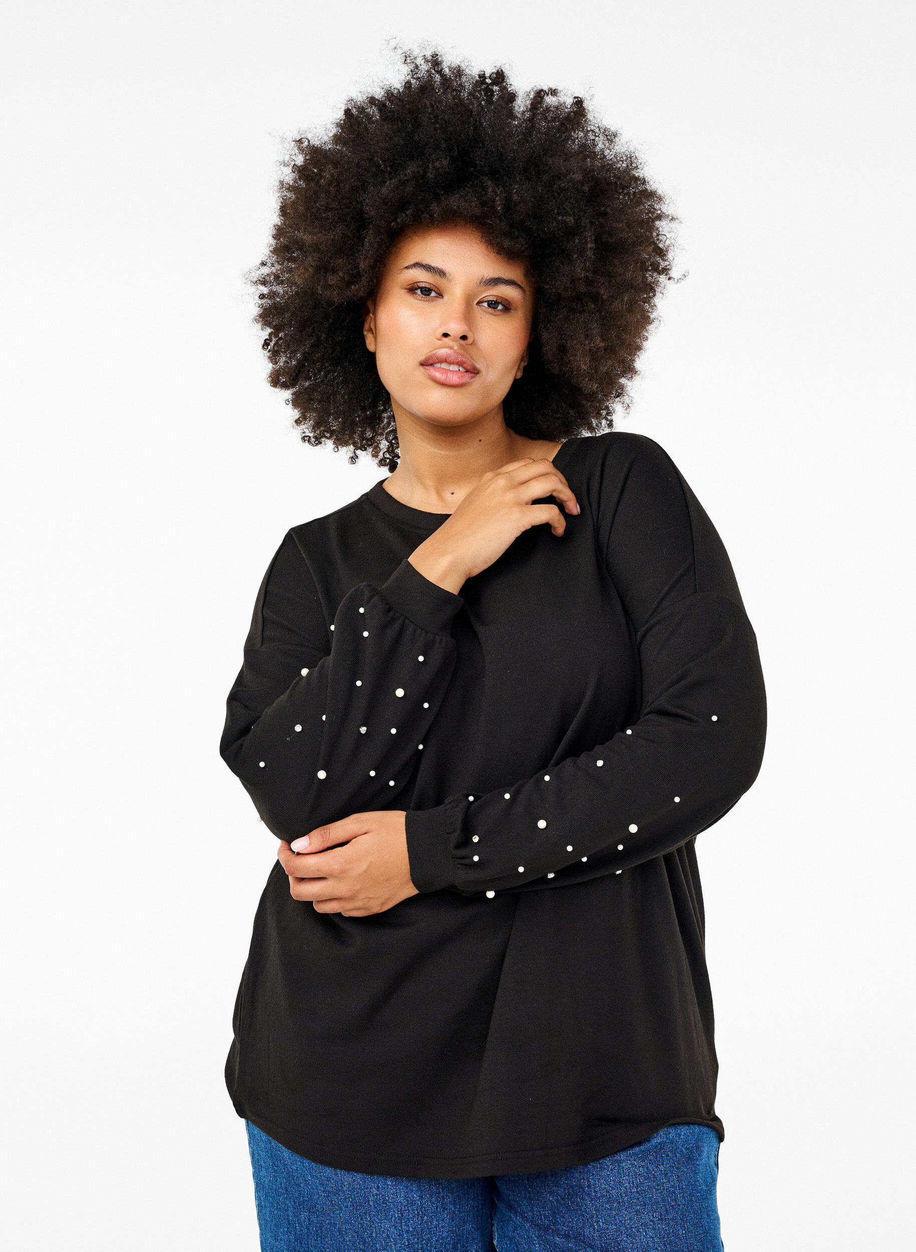 ZizziEnsfarget bluse med perler, Black, Model image number 0
