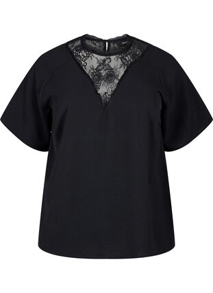 Bluse med korte ermer og blonder , Black, Packshot image number 0