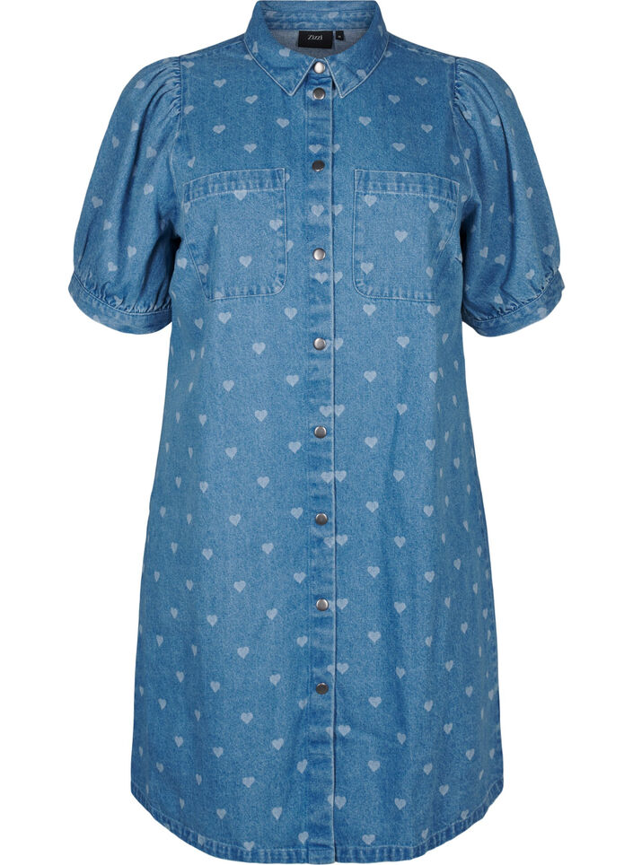 Kortermet denimkjole med hjerteprint, L. Blue D. w. Heart, Packshot image number 0