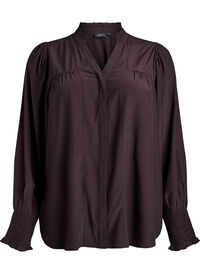 Bluse med rysjekrage og rynking, Brun Bluse med rysjekrage og rynking