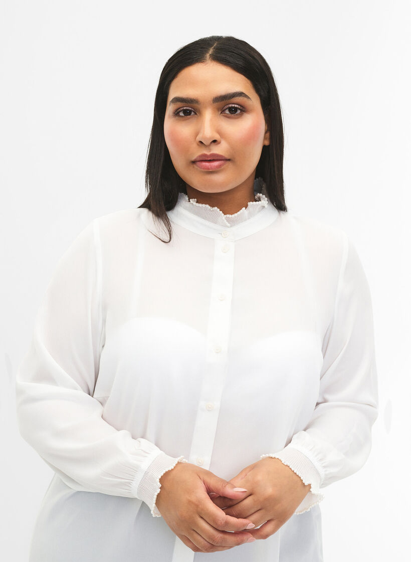 Skjortebluse med volangdetaljer, Bright White, Model image number 3