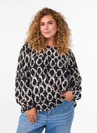Zizzi Langermet bluse med trykk og sløyfer, Black ART AOP, Model image number 0