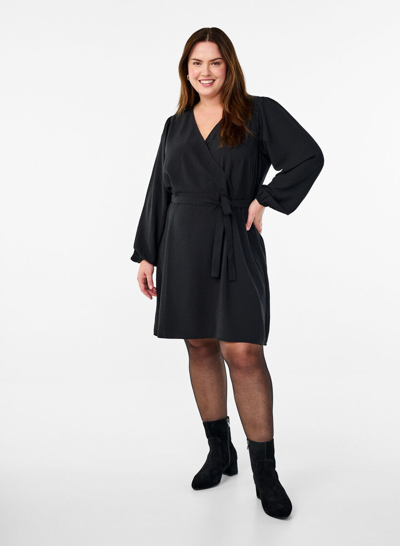 Kort omslagskjole med knytebelte, Svart, Model image number 1