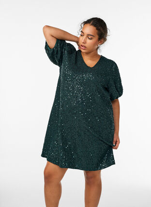 Zizzi Kort paljettkjole med puffede ermer, Grønn, Model image number 1