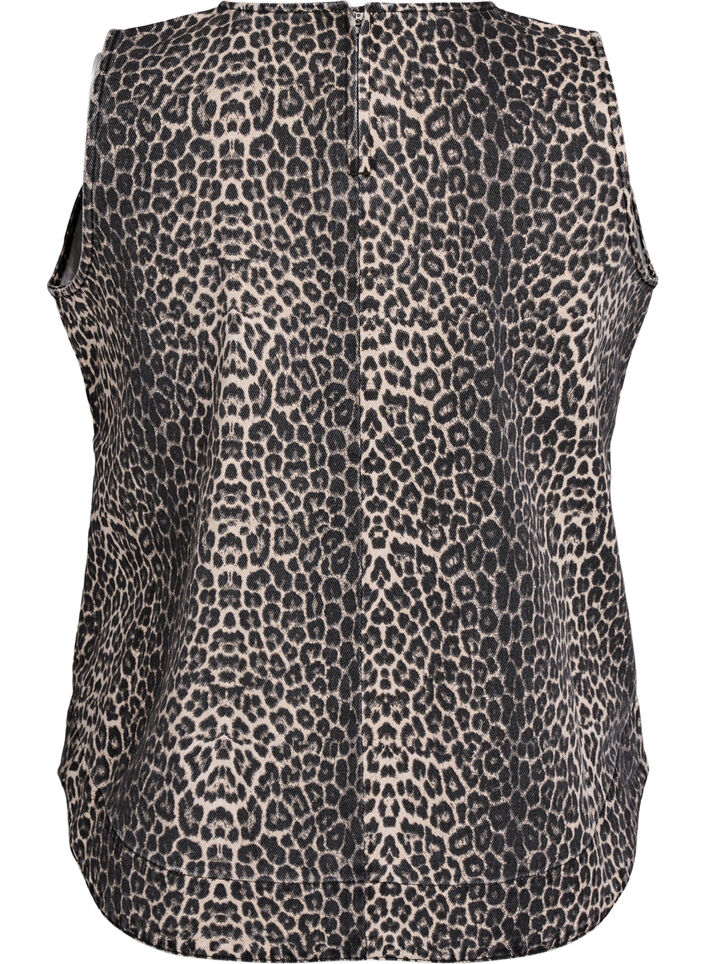 Ermeløs denimtopp med leopardmønster, Brun, Packshot image number 1