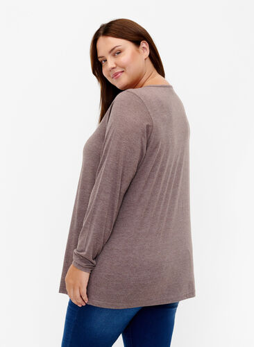 Melange bluse med lange ermer, Chestnut Mel. , Model image number 1