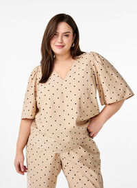 Bluse med løse ermer og v-hals, Beige Bluse med løse ermer og v-hals, Beige, Model