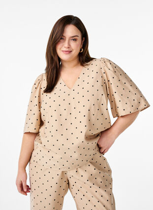 Zizzi Bluse med løse ermer og v-hals, Beige, Model image number 0