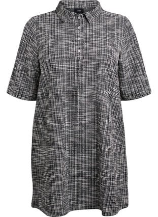 Zizzi Kort kjole i teksturert jersey med et grafisk sjakkmønster, Off White Check, Packshot image number 0