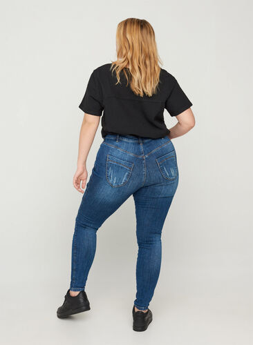 Amy jeans med høyt liv og slitte detaljer, Blue denim, Model image number 1