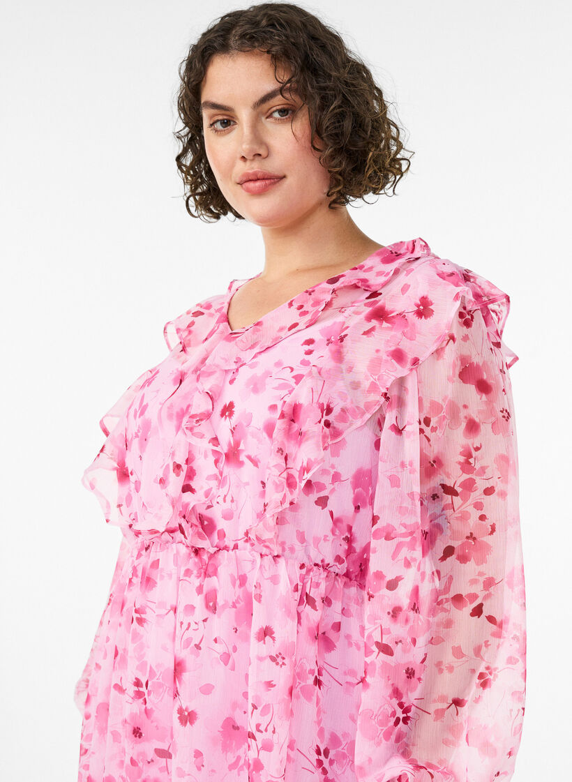 Chiffonkjole med blomsterprint, volanger og lange ermer, Rosa, Model image number 2