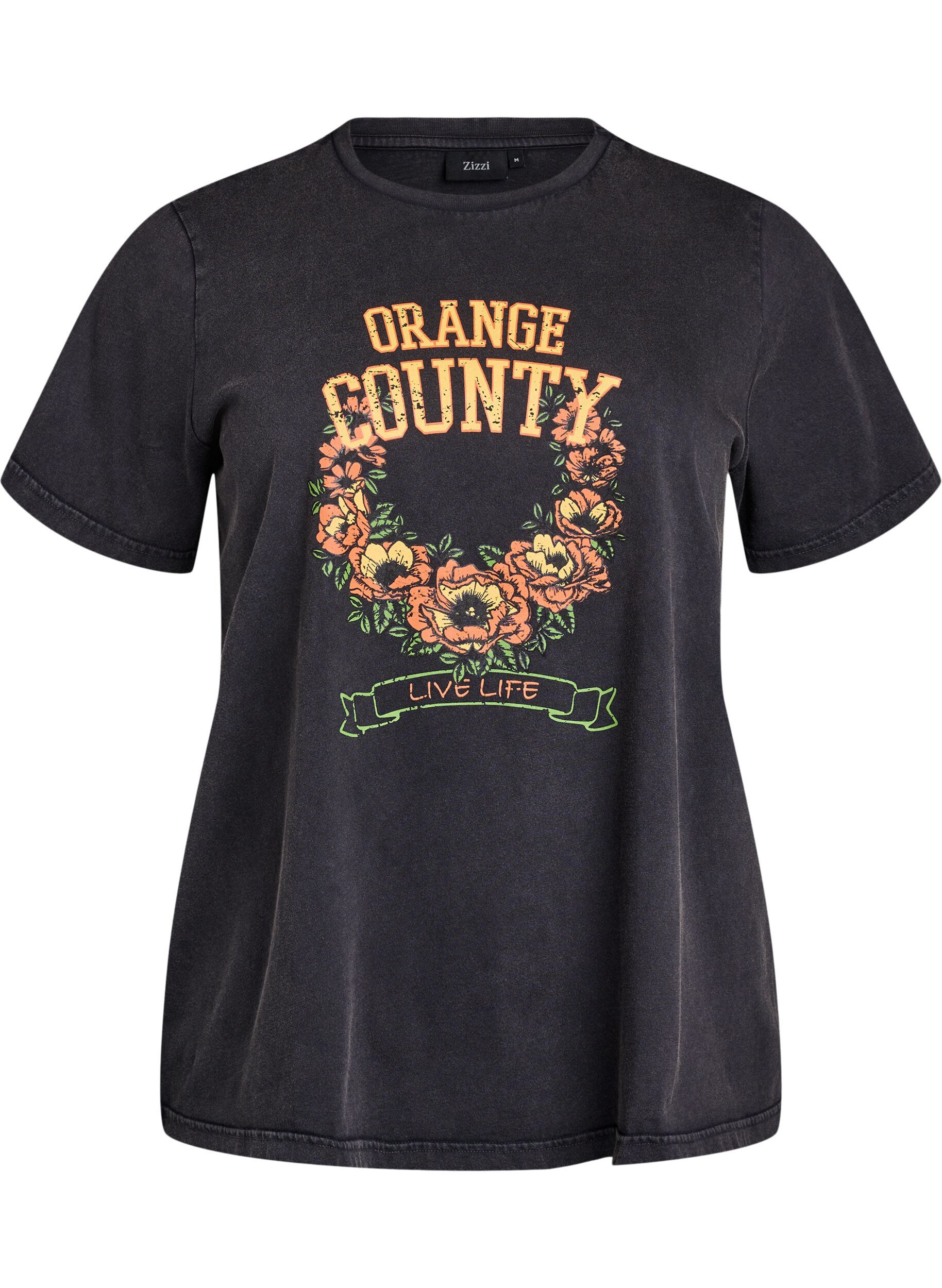 Zizzi T-skjorte i &oslash;kologisk bomull med et kult trykk, Gr&aring;, Packshot image number 0