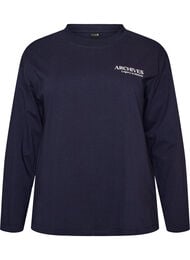 Langermet jerseybluse med teksttrykk, Bl&aring;
