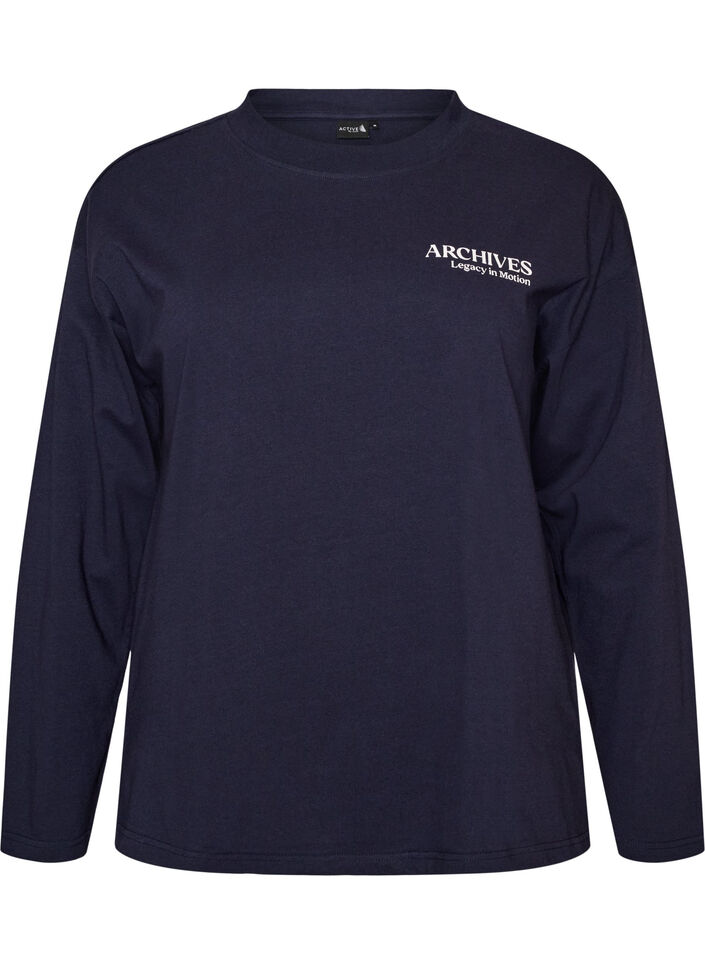 Langermet jerseybluse med teksttrykk, Bl&aring;, Packshot image number 0