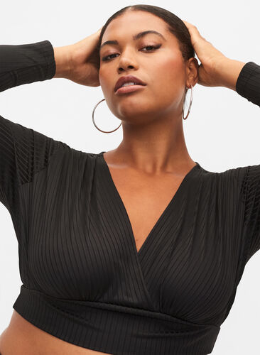 Cropped topp med lange ermer, Black, Model image number 2