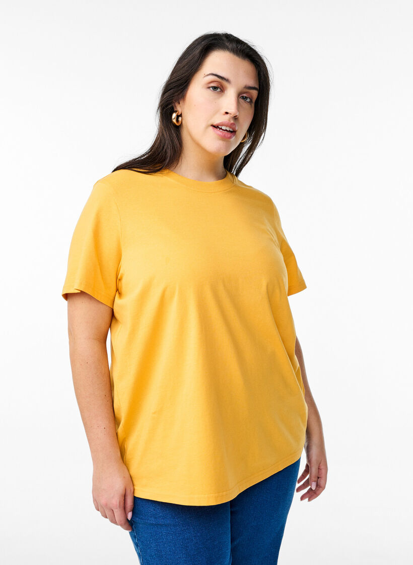Basic T-skjorte i bomull med rund hals, Gul, Model image number 0
