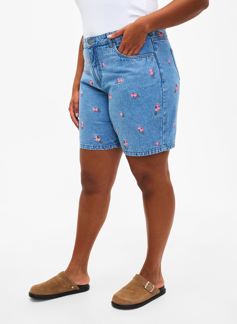 Dongerishorts med broderte jordbær, Blå, Model image number 3