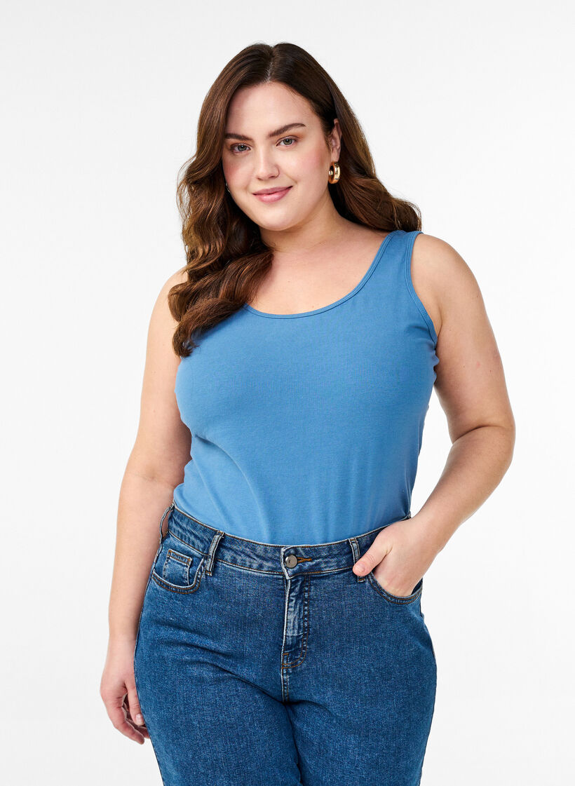 Ensfarget basic topp i bomull, Blå, Model image number 0