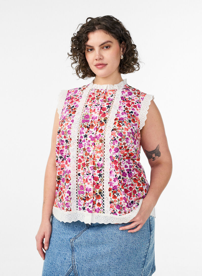 Ermel&oslash;s bomullsbluse med blomstertrykk og broderie anglaise, Rosa, Model image number 0