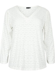 Bluse med V-hals og hullmønster, Off White