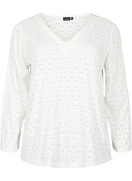 Bluse med V-hals og hullmønster, Off White