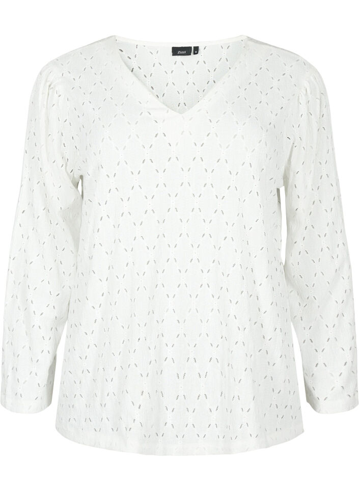 Bluse med V-hals og hullmønster, Off White, Packshot image number 0